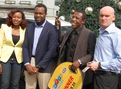 (L-r): Omotayo George, manager, VAS, Data & Content Development, Bosun Tijani, chief executive officer, CCHub, Lagos, Azuka Ofili, representing Chuka Ofili of Okada Books and grand prize winner and Larry Annetts, chief marketing officer, MTN, at the presentation of Hyundai IX 35 to the grand prize winner at the closing ceremony of the MTN App Developer Challenge in Lagos at the weekend.